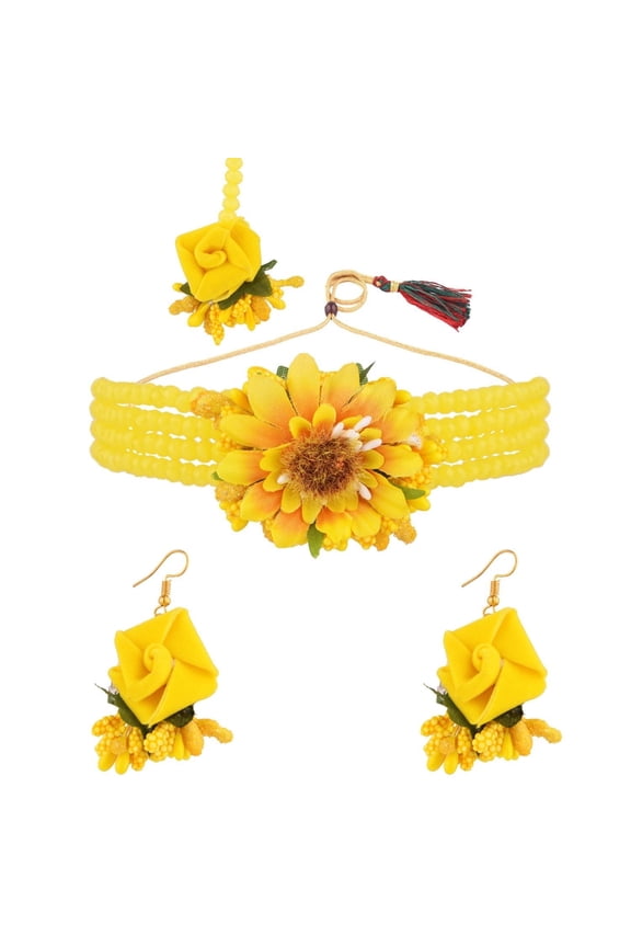 Beaded Faux Pearl Yellow Flower Jewelry Set Choker Neckalce with Maang Tikka Earrings Floral Handmade Indian Jewelry for Women for Haldi Mehandi Wedding Bridal Shower