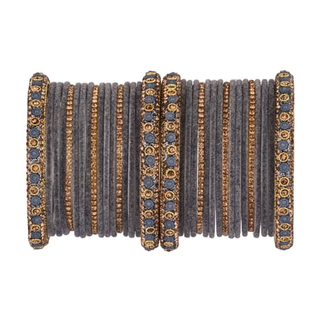 Efulgenz Boho Velvet Bangle Indian Bangle Set CZ Crystal Rhinestone Grey Bracelet Bangle Wedding Bridal Jewelry for Women Size-2.4