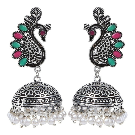 Efulgenz Boho Vintage Antique Ethnic Gypsy Tribal Indian Oxidized Silver Pearl Tassel Peacock Jhumka Dangle Earrings Jewelry