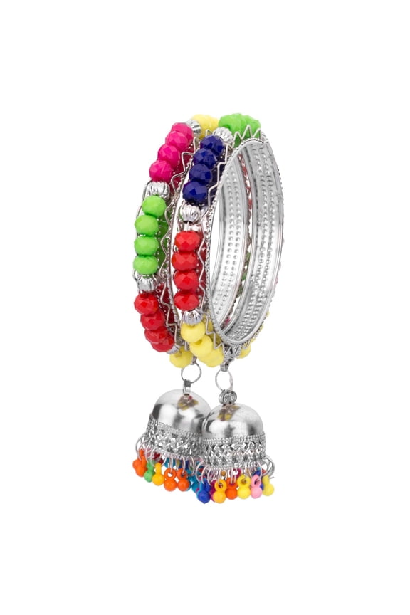 Boho Vintage Antique Gypsy Tribal Indian Oxidized Silver Plated Beaded Tassel Bracelets Bangle Set