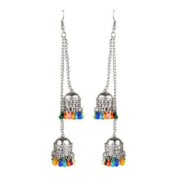 Efulgenz Boho Vintage Antique Tribal Indian Oxidized Silver Jhumka Tassel Dangle Statement Earrings Jewelry (Style 5)