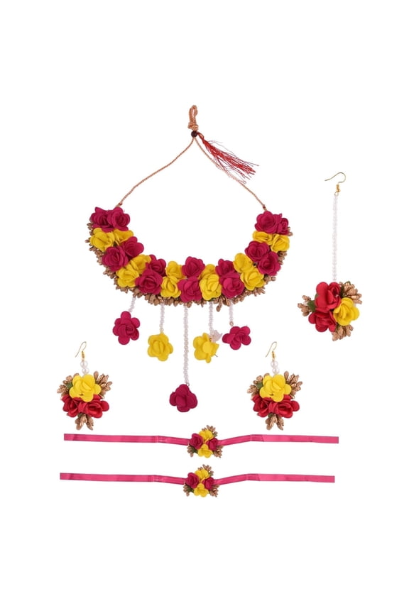 Bridal Flower Jewelry Handcrafted Jewelry Choker Necklace Beaded Tassel Manng Tikka Earrings Bracelet Set Handmade Jewelry Set for Haldi Brides Mehandi Wedding for Women
