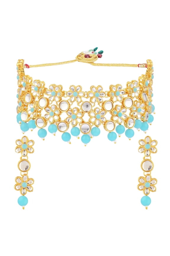 Bridal Jewelry Choker Necklace Dangle Earrings Floral Style Kundan Crystal Blue Faux Pearl Neckalce Earrings Wedding Indian Jewelry Set for Women