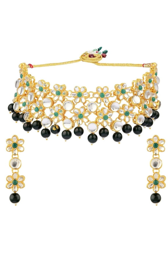 Bridal Jewelry Choker Necklace Dangle Earrings Floral Style Kundan Crystal Green Faux Pearl Neckalce Earrings Wedding Indian Jewelry Set for Women
