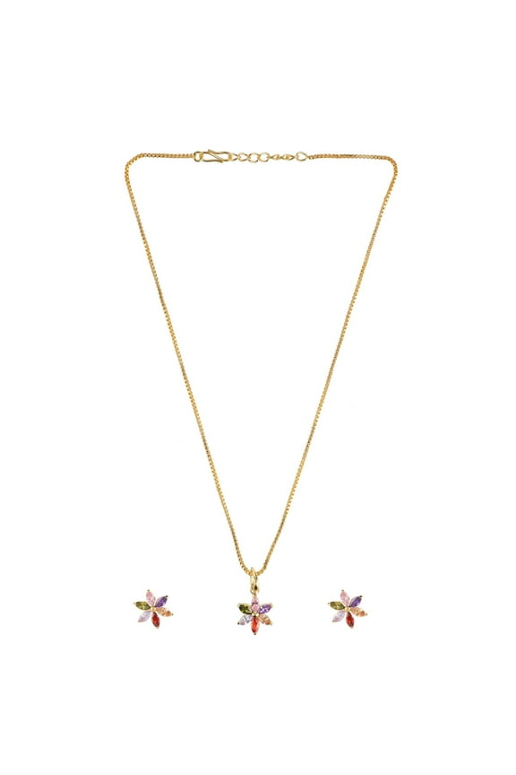 Bridal Multicolor Crystal Cubic Zirconia Flower Mangalsutra Pendant Chain Necklace Earrings Jewelry Set for Women