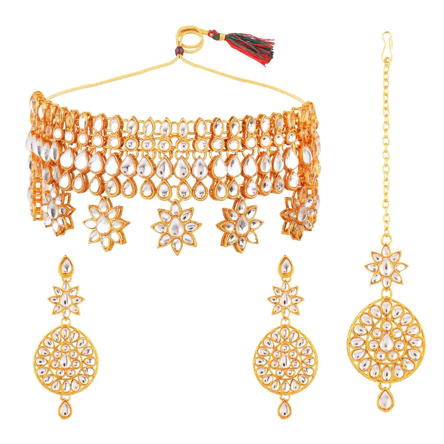 Efulgenz Indian Bridal Jewelry Set - Kundan Choker, Chandbali Earrings & Maang Tikka For Weddings - View #3