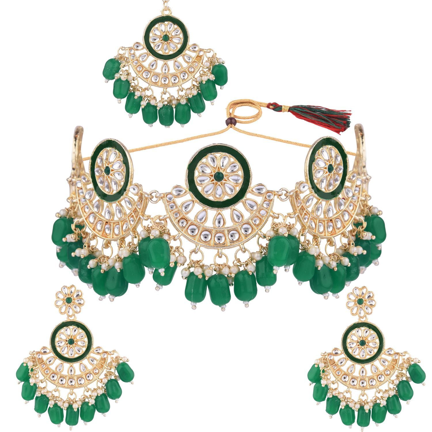 Aheli Traditional Gold Plated Kundan Jewelry Set - Choker, Earrings & Maang Tikka For Women