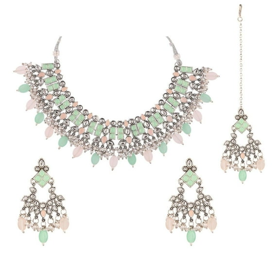 Efulgenz Choker Necklace and Earrings with Head Chain Indian Oxidized Fashion Jewelry Set for Women Antique Bohemian Faux Pearl Drop Kundan Crystal Stone Turquiose Green Pink Necklace