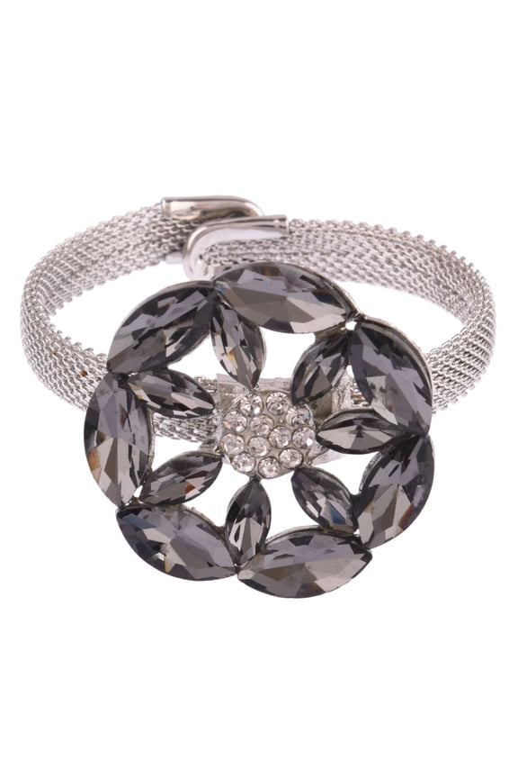 Crystal Austrian Stone Floral Openable Wedding Cuff Bracelet for Women Girls Brides Bridesmaid, Black