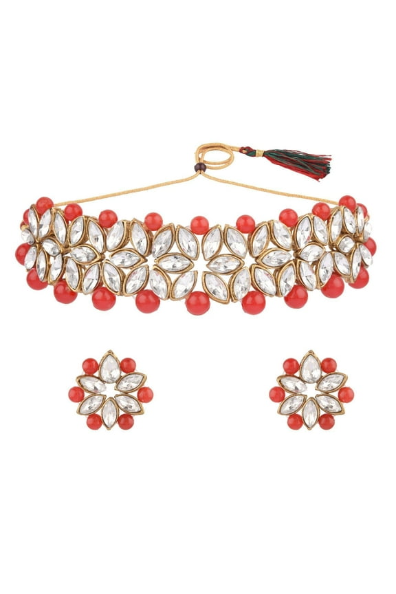 Crystal Kundan Pearl Rhinestone Indian Boho Floral Choker Neckalce Earrings Wedding Bridal Jewelry Set, Perfect Valentines Day Gifts for Her