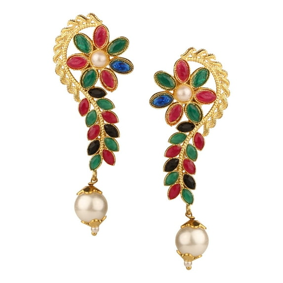 Efulgenz Crystal Rhinestone Pearl Gold Plated Round Dangle Drop Statement Bridal Wedding Earring Set Jewelry (Green,Red)