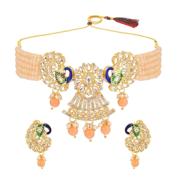 Efulgenz Faux Pearl Choker Crystal Kundan Peacock Stranded Peach Color Multi Layered Necklace Earrings Indian Traditional Jewelry Set for Women