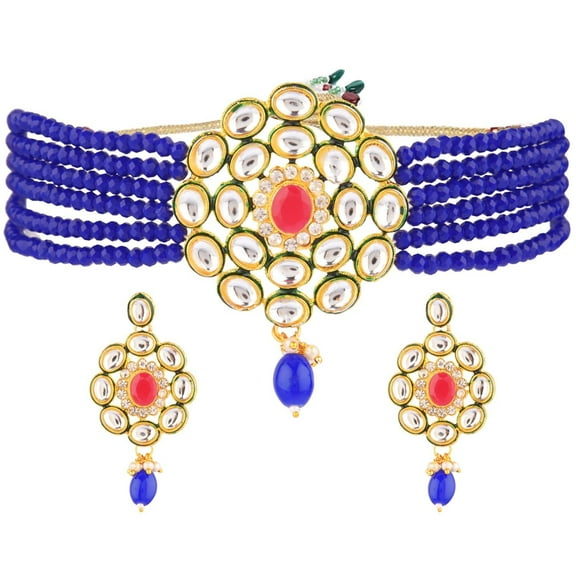 Efulgenz Faux Pearl Choker Necklace Indian Jewelry Set Kundan Choker Multi Layered Strand Beaded Choker Necklace Earrings Bridal Jewelry for Women, Blue