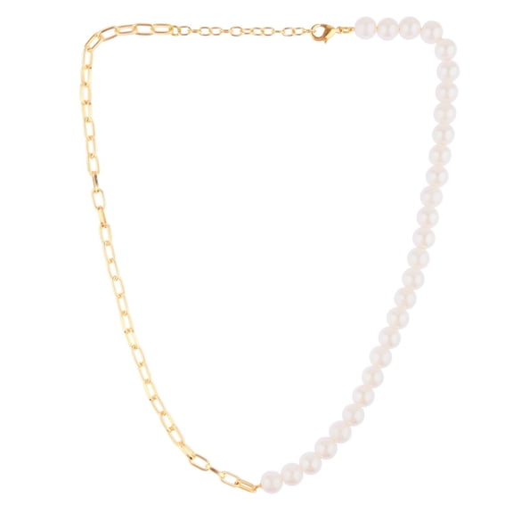 Efulgenz Faux Pearl Strand Necklace Half Faux Pearl Beads Half Paper Clip Chain Necklace Dainty Chunky Necklace Jewelry for Women