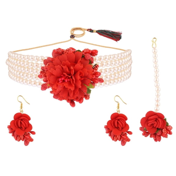 Efulgenz Flower Jewelry Set Multicolor Choker Neckalce with Maang Tikka Earrings Handmade Floral Beaded Faux Pearl Indian Jewelry for Women for Haldi Mehandi Wedding Bridal Shower