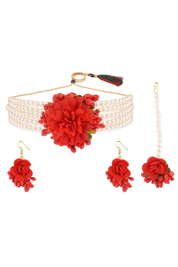 Flower Jewelry Set Multicolor Choker Neckalce with Maang Tikka Earrings Handmade Floral Beaded Faux Pearl Indian Jewelry for Women for Haldi Mehandi Wedding Bridal Shower