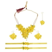 Efulgenz Flower Jewelry Set Wedding Faux Pearl Beaded Collar Bib Necklace Floral Indian Handmade Necklace Maangtikka Earrings Bracelet Set Jewelry for Bridal Haldi Mehandi Baby Shower for Women Brides