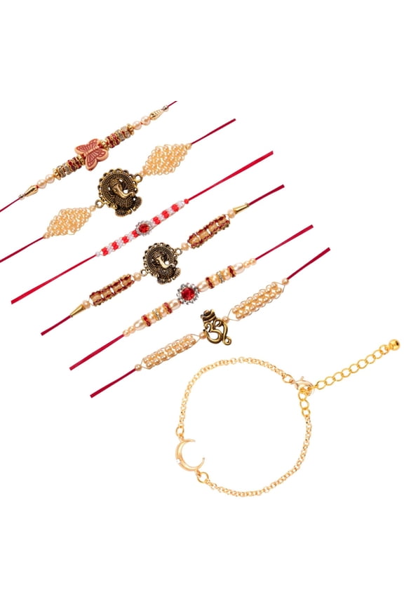 Ganesha Rakhi for Brother Bhaiya Bhabhi Handmade Rakhis for Rakshabandan Faux Pearl Indian Rakhi Thread Bracelets Gift for Brother with Chain Charm Bracelet Gift for Sister Bhabhi (Set of 5)