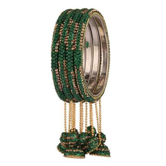 Efulgenz Green Rhinestone Crystal Beaded Bracelet Bangle Set with Hanging Jhumki Tassel Charms Bollywood Style indian Bangles Jewelry for Women (4 Pcs) Size 2.8