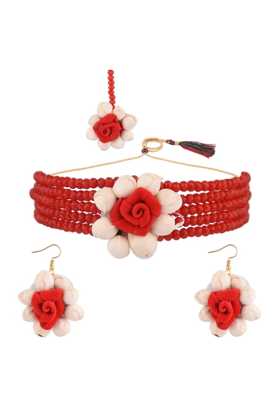 Handmade Floral Red Beaded Faux Pearl Flower Jewelry Set Choker Neckalce with Maang Tikka Earrings Indian Jewelry for Women for Haldi Mehandi Wedding Bridal Shower