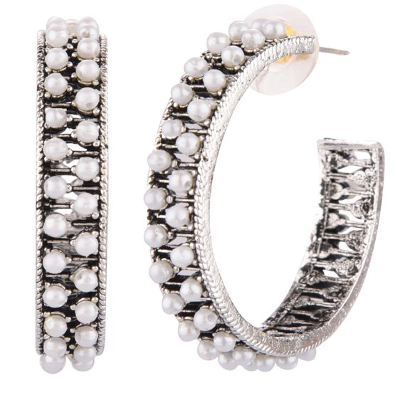 Efulgenz Hoop Earrings Small Huggie Open Half Hoop Piercing Crystal Earrings Indian Jewelry for Women (Silver)