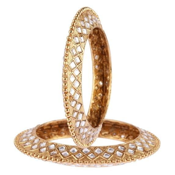 Efulgenz Indian Bangle Set Bollywood Traditional Gold Plated Faux Pearl Kundan Wedding Bracelet Bangle Jewelry for Women (2 Pcs) Size 2.4