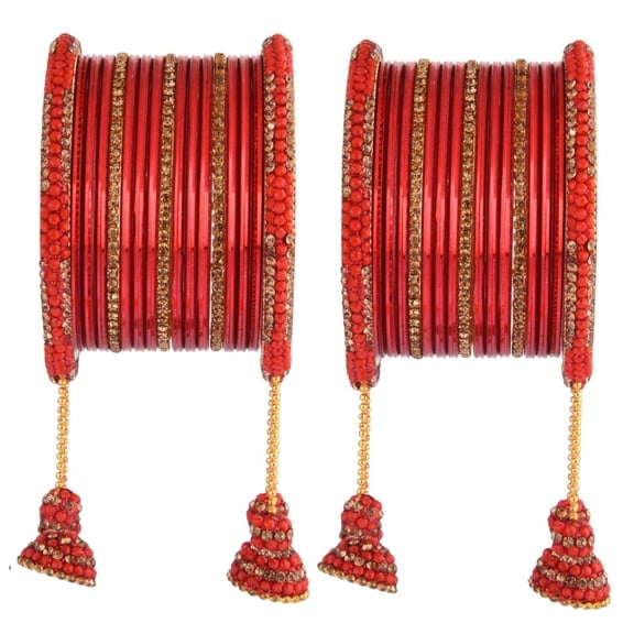 Efulgenz Indian Bangle Set CZ Crystal Rhinestone Bridal Metal Bangle Set Plain Glossy Bangles with Hanging Tassel Bridal Bracelet Jewelry Set For Women (34 Pcs) Size 2.6