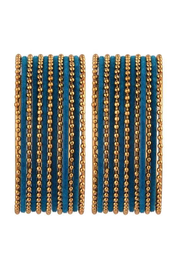 Indian Bangle Set Plain Velvet Bangles with Oxidized Metal Ball Bangle Bracelet Bohemian Bracelet Metal Bangle Set Statement Fashion Jewelry for Women (26 Pcs)