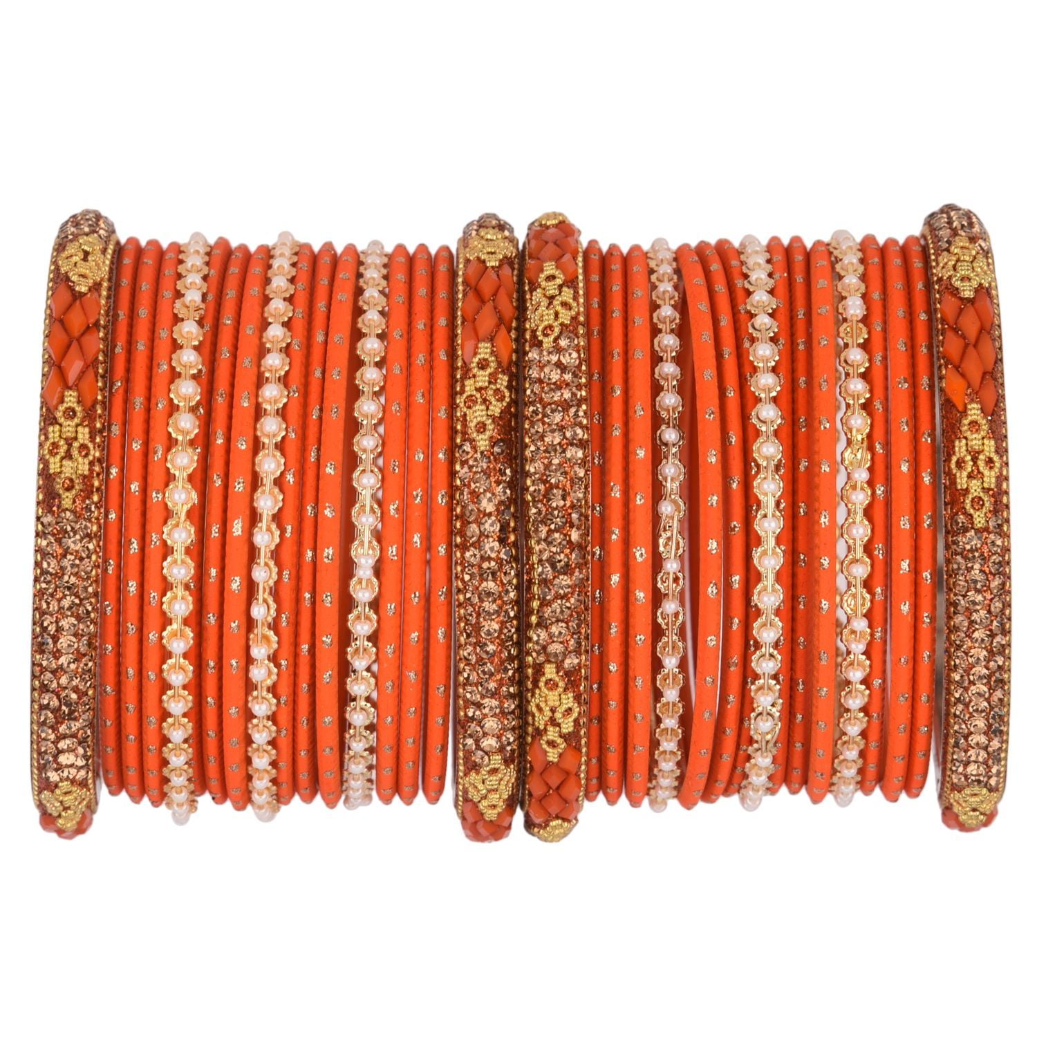 Efulgenz Indian Bangle Set Rhinestone CZ Crystal Bangle Faux Pearl Metal Bangles Bracelet Jewelry for Women 34 Pcs Size 2.4 Orange Color