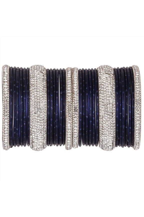 Indian Bangle Set Rhinestone CZ Crystal Bangle Plain Metal Bangles Bracelet Jewelry for Women Size-2.4, Blue