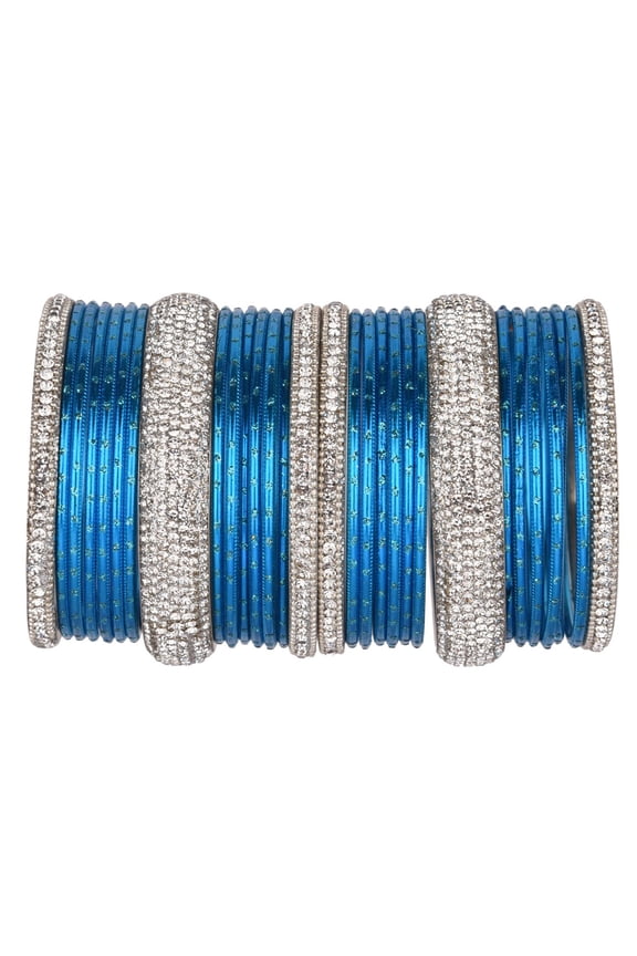 Indian Bangle Set Rhinestone CZ Crystal Bangle Plain Metal Bangles Bracelet Jewelry for Women Size-2.6, Blue