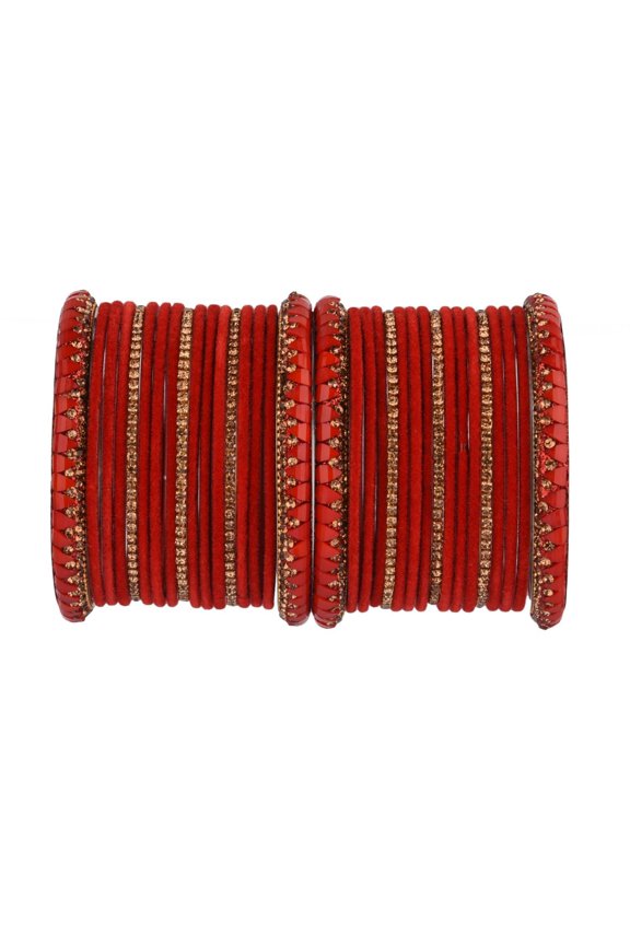Indian Bangle Set Rhinestone CZ Crystal Bracelet Red Bangle Velvet Bangle Boho Wedding Bridal Jewelry for Women Size-2.8