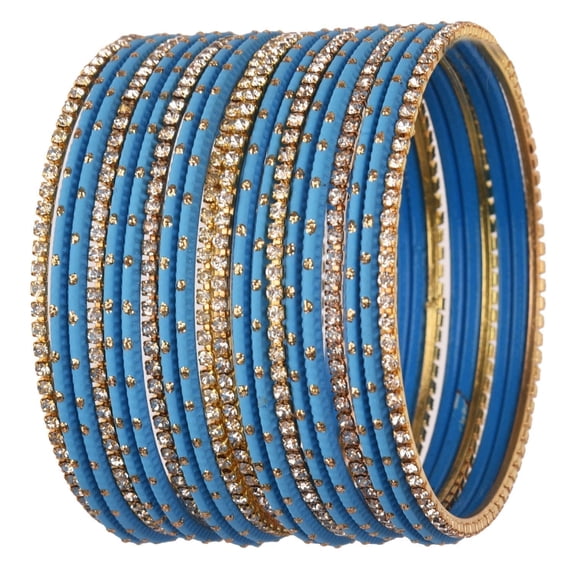 Efulgenz Indian Bangle Set Rhinestone CZ Plain Metal Bracelet Bangle Jewellery for Women (20 Pcs) Size-2.4, Blue