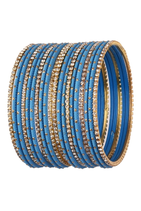 Indian Bangle Set Rhinestone CZ Plain Metal Bracelet Bangle Jewellery for Women (20 Pcs) Size-2.4, Blue