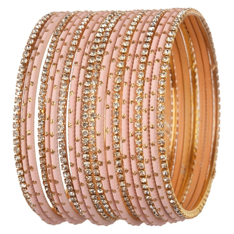 Efulgenz Indian Bangle Set Rhinestone CZ Plain Metal Bracelet Bangle Jewellery for Women 20 Pcs Size 2.8 Peach Color