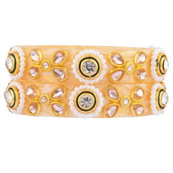 Efulgenz Indian Bangle Set Traditional Crystal Acrylic Bangle Faux Pearl Beaded Floral Tear Drop Kundan Bracelet Bangle Jewelry Set For Women (2 Pcs) Size 2.8