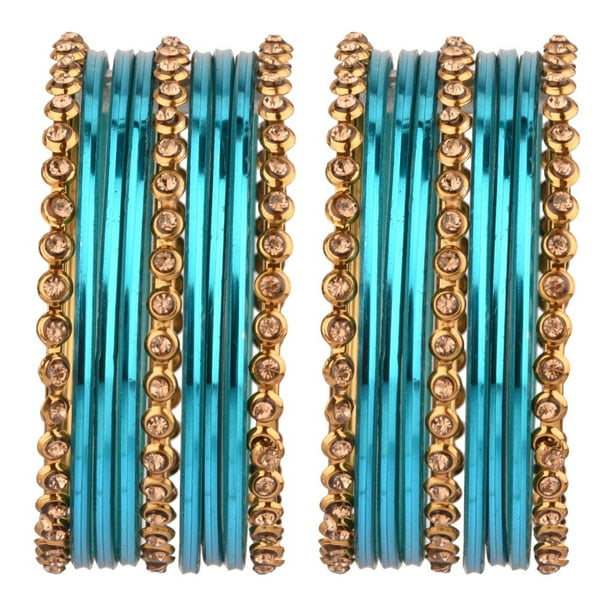 Efulgenz Indian Bangles Set Metal Bangles One Dozen Plain Glossy Alloy Bangles with Crystal Oxidized Bangles Bohemian Bracelet Bollywood Party Wedding