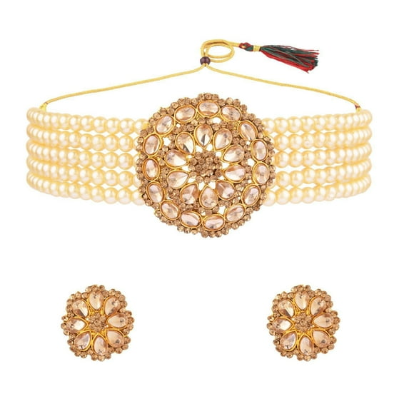Efulgenz Indian Beaded Choker Necklace Earrings for Women Faux Pearl Crystal Rhinestone Layered Necklace Round Stud Earrings Bridal Wedding Bollywood Jewelry Set