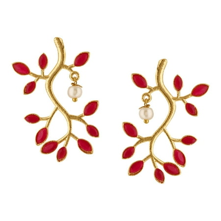 Efulgenz Indian Bollywood 14K Gold Plated Crystal Kundan Pearl Leaf Style Jhumka Jhumki Earrings Jewelry Set (Style 3 -Red)