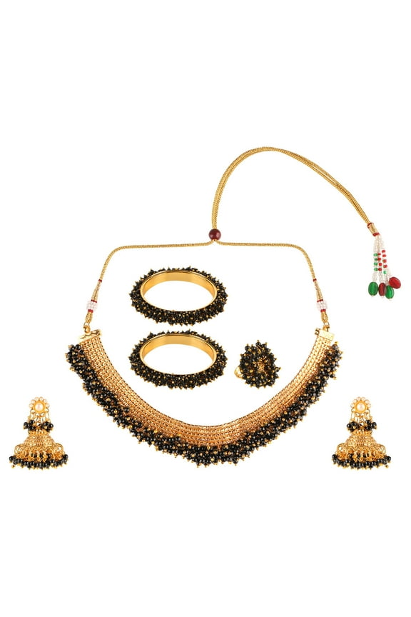 Indian Bollywood Faux Pearl Beads Bridal Choker Necklace Earrings Bracelet Bangles Ring Jewelry Set