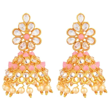 Efulgenz Indian Bollywood Faux Pearl Crystal Kundan Rhinestone Wedding Jhumka Jhumki Dangle Earrings Jewelry Set (Style 2-Pink), Perfect Valentines Day Gifts for Her