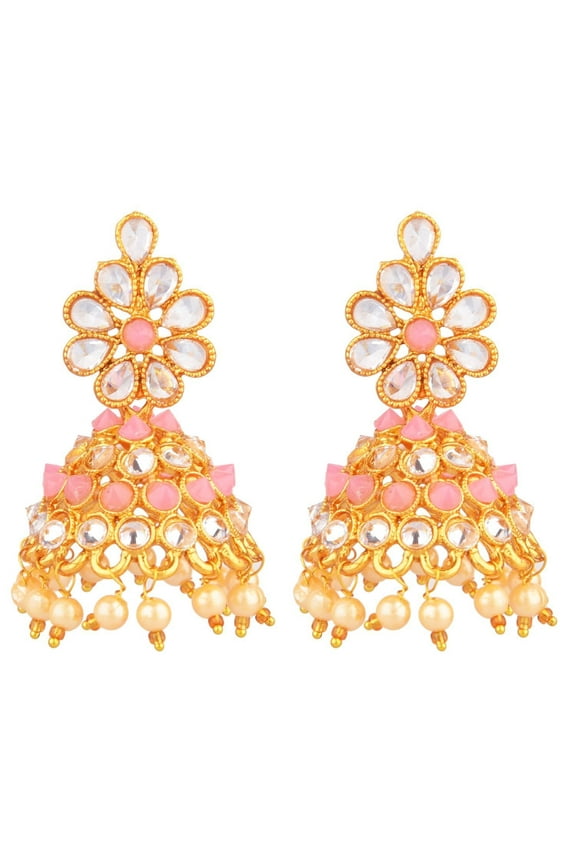 Indian Bollywood Faux Pearl Crystal Kundan Rhinestone Wedding Jhumka Jhumki Dangle Earrings Jewelry Set (Style 2-Pink), Perfect Valentines Day Gifts for Her