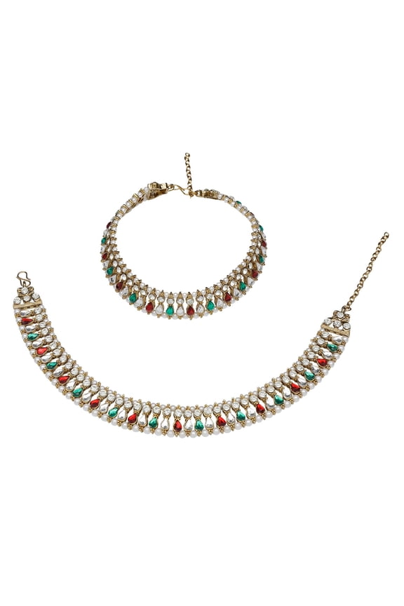 Indian Bollywood Gold Plated Faux Kundan Pearl Wedding Bridal Anklet Pair Bracelet Payal Foot Jewelry Set