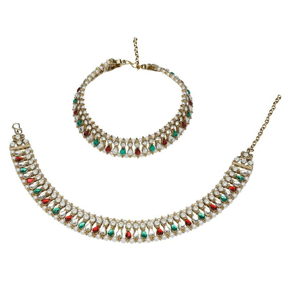 Efulgenz Indian Bollywood Gold Plated Faux Kundan Pearl Wedding Bridal Anklet Pair Bracelet Payal Foot Jewelry Set