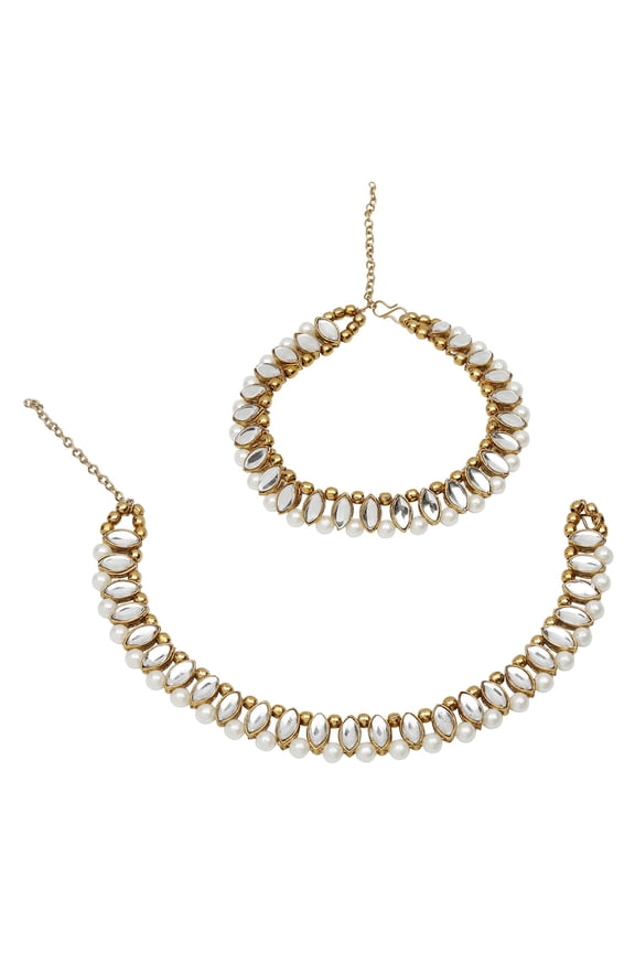 Indian Bollywood Gold Plated Faux Kundan Pearl Wedding Bridal Anklet Pair with Bells (2 piece) Bracelet Payal Foot Jewelry