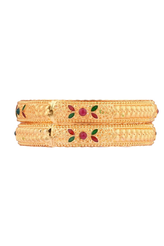 Indian Bridal Bangle Set Gold Tone Plain Glossy Engraved Bracelet Bangle Jewelry for Women (2 Pcs) Size 2.8