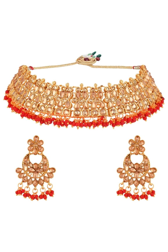 Indian Bridal Jewelry for Women Wedding Red Traditional Kundan Crystal Faux Pearl Choker Necklace Big Dangle Chandbali Earrings Bollywood Jewelry