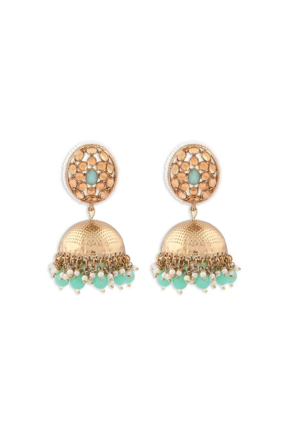Indian Bridal Jhumka Earrings Green Crystal Kundan Dangling Earrings Faux Pearl Beaded Big Jhumka Jhumki Wedding Earrings Set Indian Jewelry for Women
