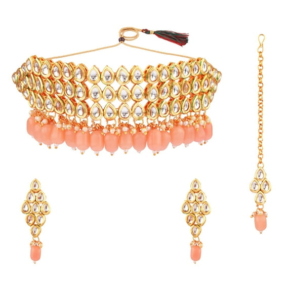 Efulgenz Indian Bridal Peach Color Choker Necklace Earrings with Maang Tikka Ethnic Wedding Faux Kundan Jewelry Set Bollywood Jewellery for Women