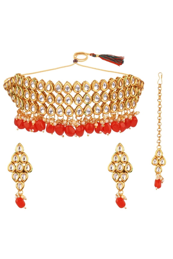 Indian Bridal Red Choker Necklace Earrings with Maang Tikka Ethnic Wedding Faux Kundan Jewelry Set Bollywood Jewellery for Women